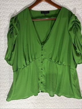 Eloquii Bright Green V-Neck Button-Front Blouse